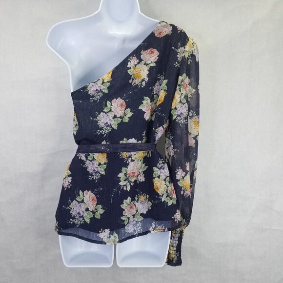 GIBSON LOOK Blouse Women XS One Shoulder Tie Waist Black Floral Side Zip Top NEW - Picture 8 of 16